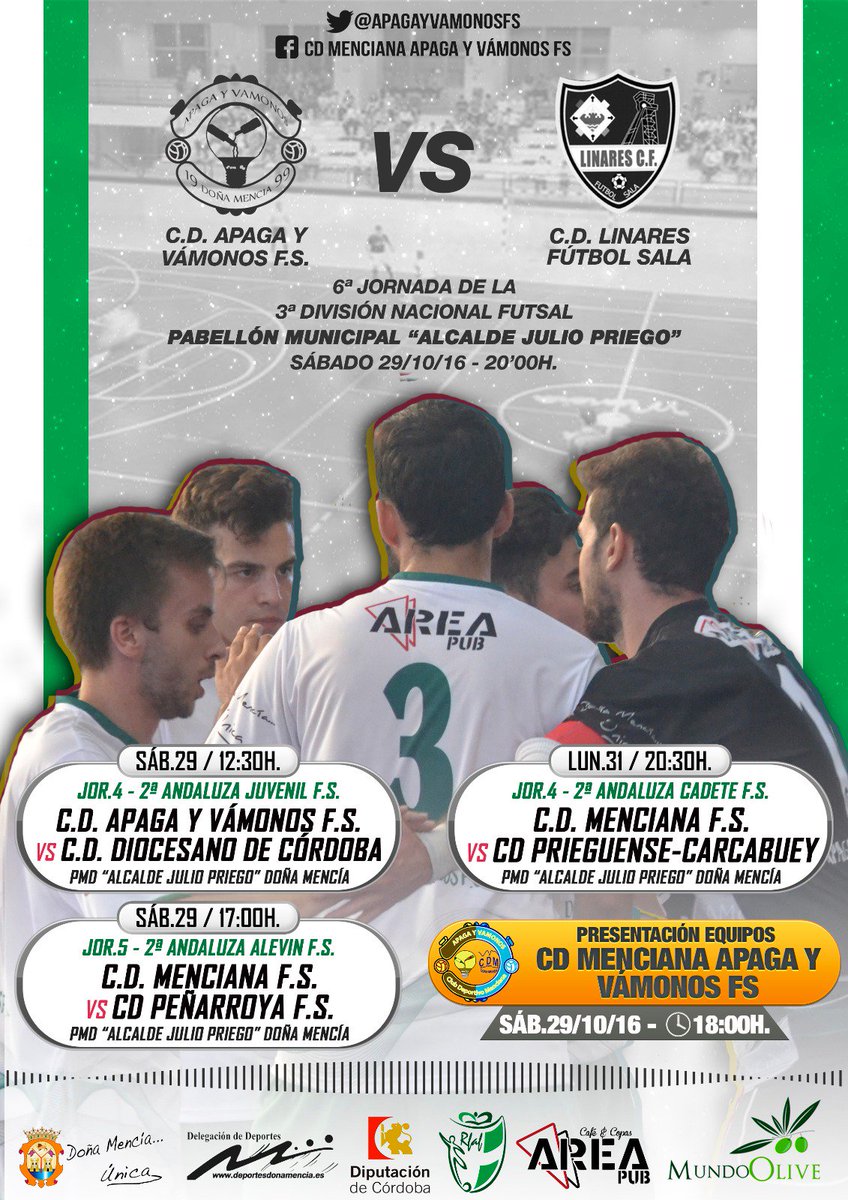👻👹3ª División Nacional👿💀💀
📣Hoy
🕗20h
📌 <a href="/ApagayVamonosFS/">CD Menciana Apaga y Vámonos FS</a> 🆚 <a href="/LinaresFs/">Linares CF&FS</a> 
💳Carnet temporada sólo 10€
🚩PMD Alcalde Julio Priego