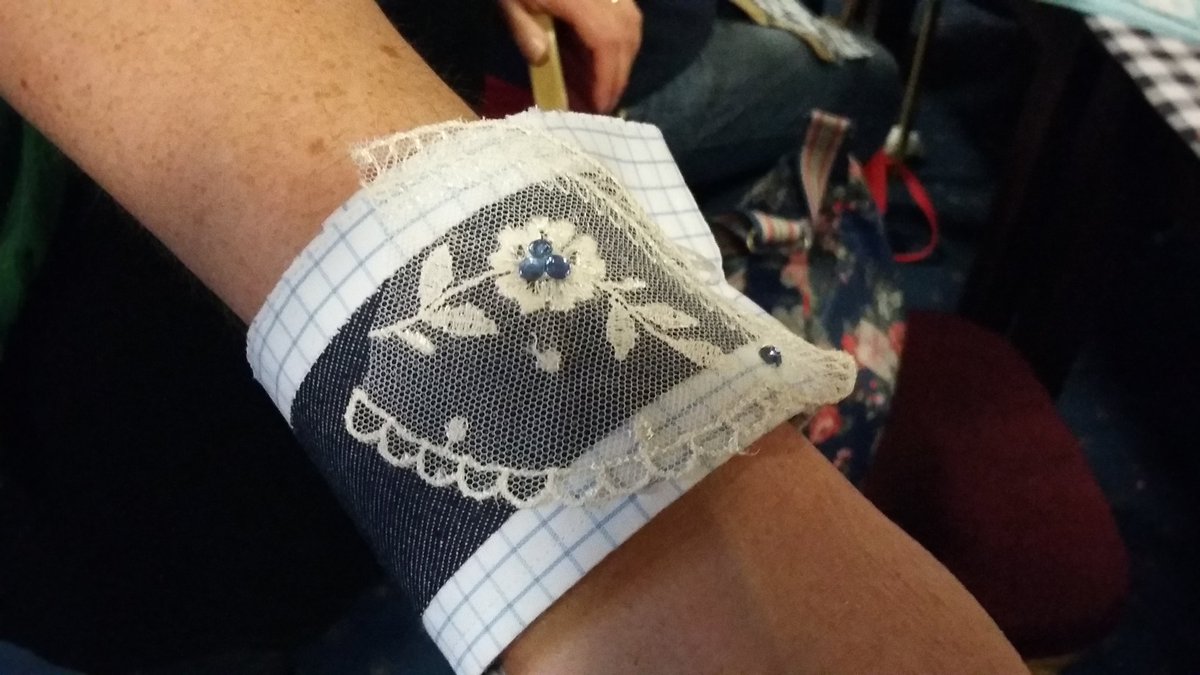 Beautiful cuff made from an upcycled  shirt and vintage lace at #cfw2016 with <a href="/TSSWales/">TheSustainableStudio</a> #LoveYourClothesCardiff