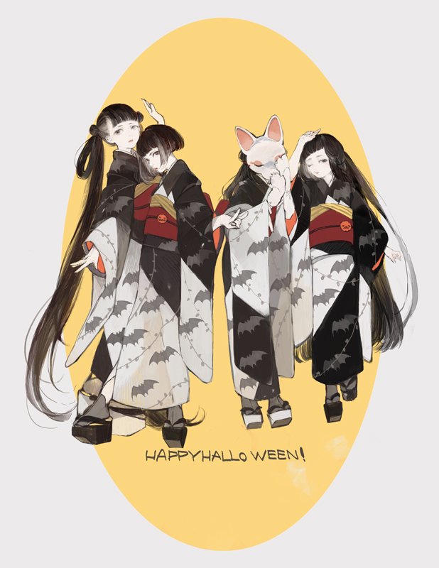 long hair kimono japanese clothes multiple girls very long hair animal print sash  illustration images