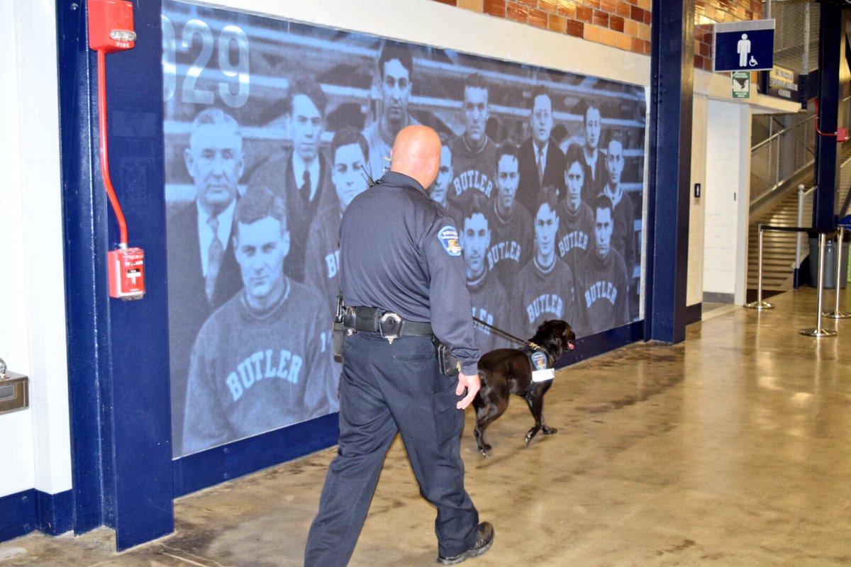 ButlerUpolice's tweet photo. EOD K9 Marcus and Officer Jason Downs have swept #Hinkle. It's almost @ButlerMBB game time. #BUsafe #SeeSomethingSaySomething https://t.co/Kg1cLvxI3J