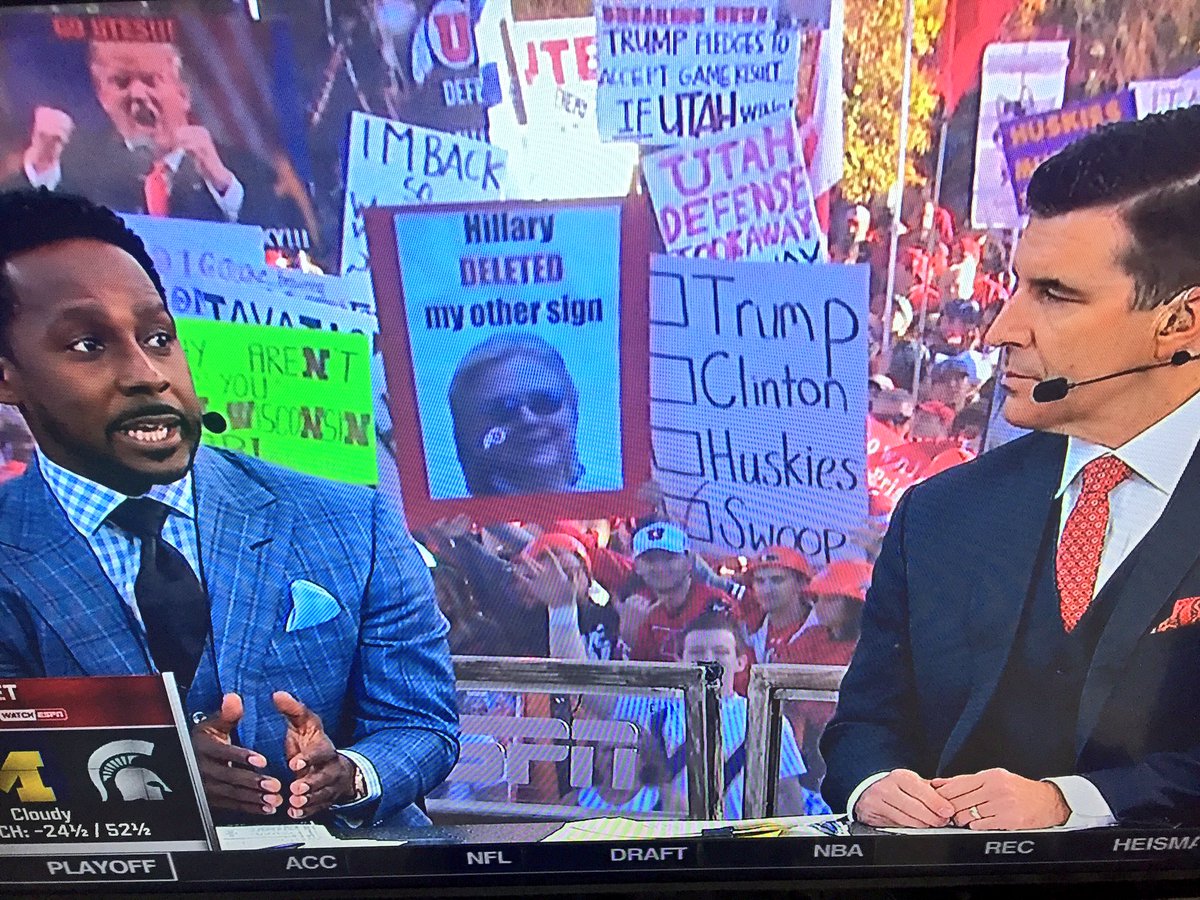 NOTTESPN's tweet photo. Hillary DELETED my other sign 😂😂😂😂😂 #CollegeGameDay https://t.co/JUQU6LrrcW