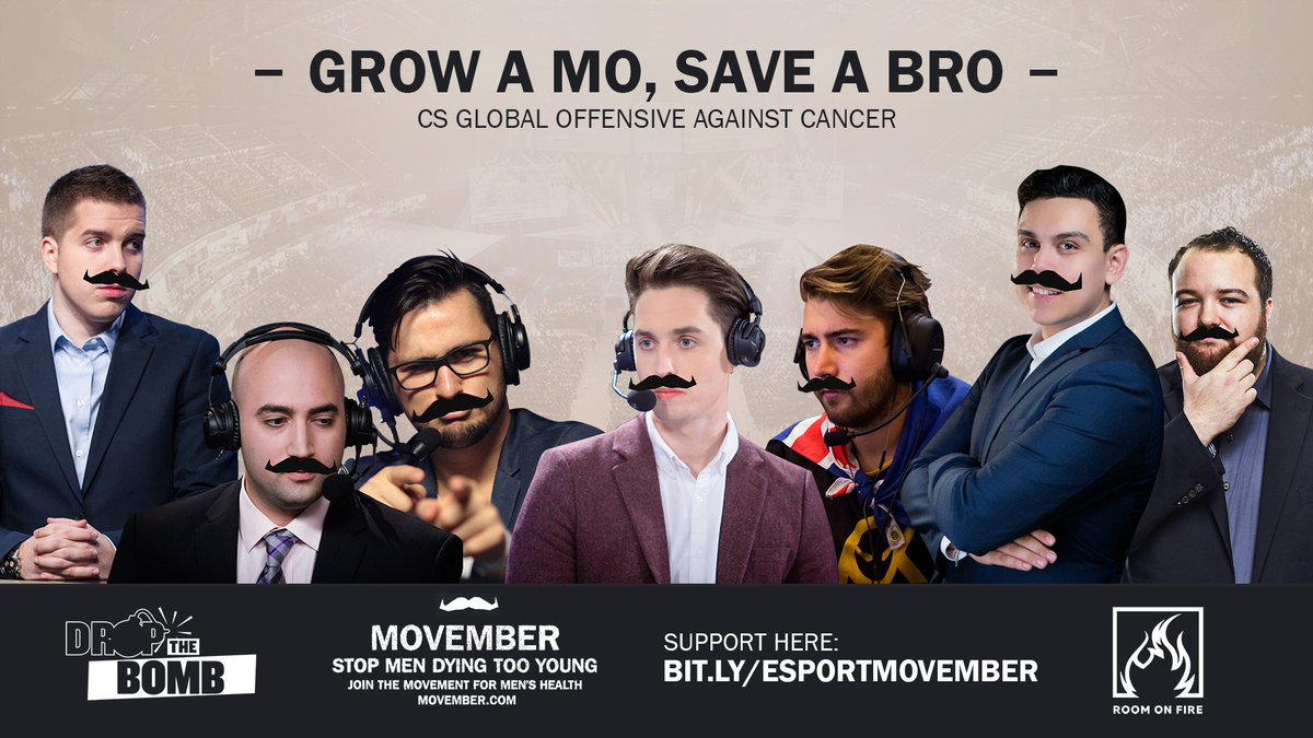 Dropthebombtv's tweet image. We’re teaming up with #Movember &amp;amp; @RoomOnFireCSGO to clutch cancer and fight for men’s health globally!

💪 » bit.ly/esportmovember
