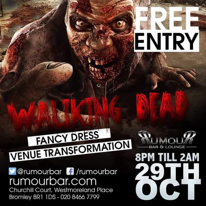 Rumour bar presents THE WALKING DEAD fancy dress party night.
Dress to scare if you dare 🙈