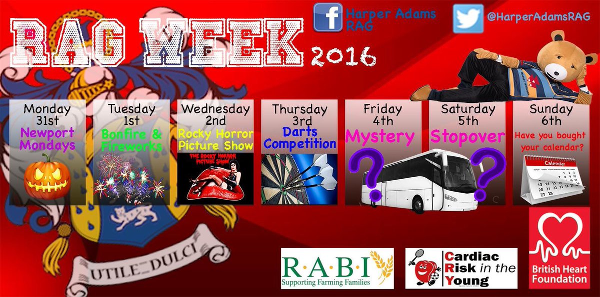 HarperAdamsSU's tweet photo. @HarperAdamsRAG Presents RAG WEEK! Get involved &amp; dig deep in your pockets to #RaiseAndGive all you can for @TheBHF @CRY_UK @RABIcharity https://t.co/U5JRgFXreg