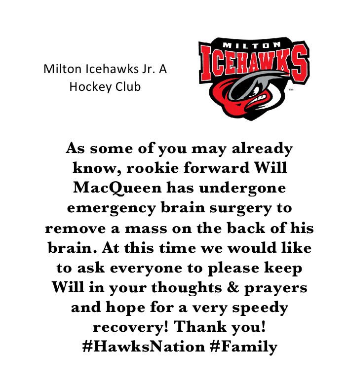 MiltonIcehawks1's tweet photo. Please read. Regarding Will MacQueen. #HawksNation #OJHL https://t.co/fDhhKMx7tx