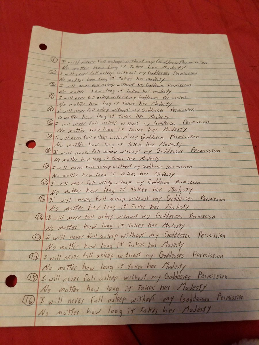 GoddessAudreyM's tweet photo. You need permission to sleep. I gave one of my slaves a homework assignment for accidentally falling asleep. 150 lines, you're almost done. https://t.co/ATGf0K1J1R
