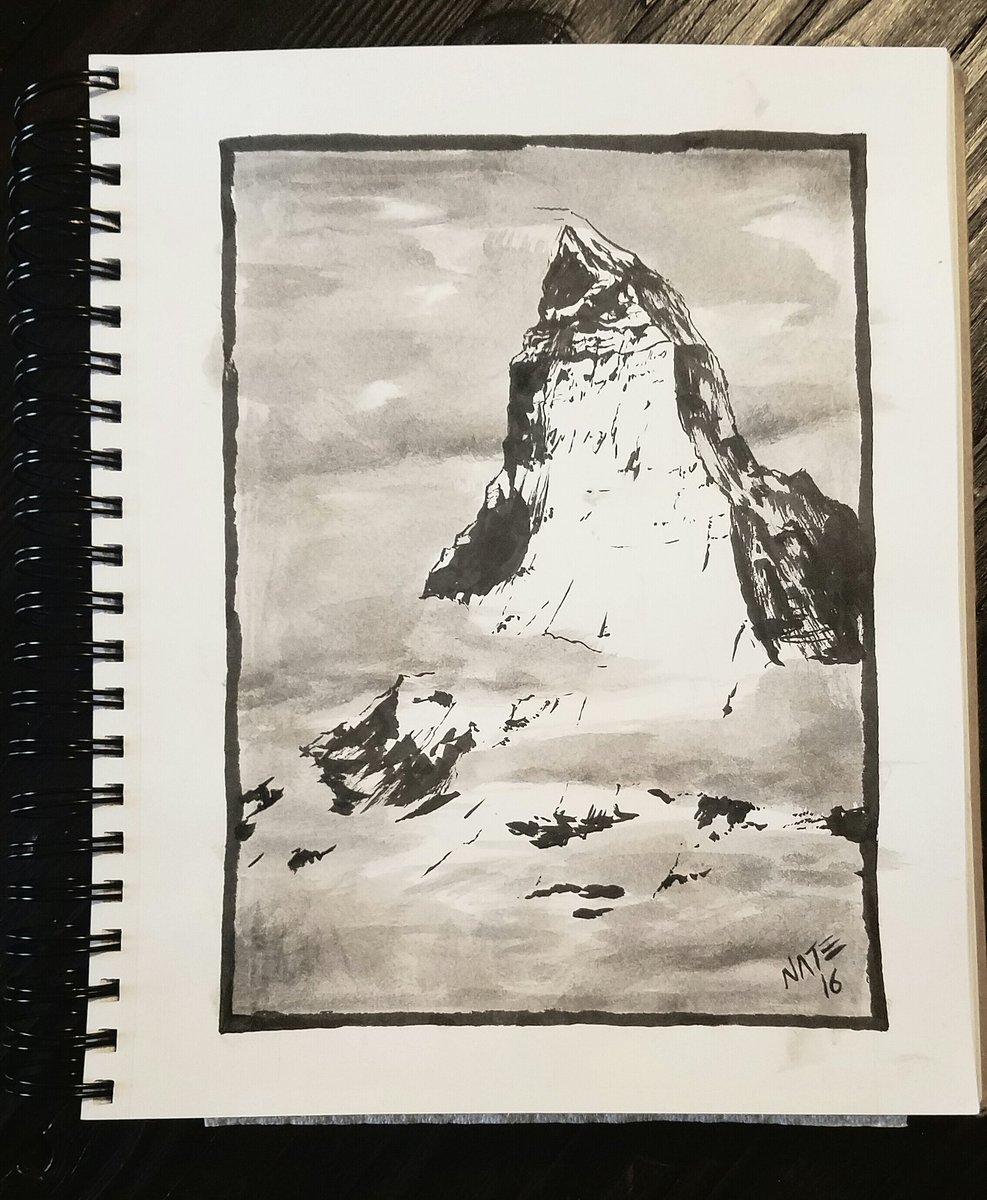 nathantgregory's tweet photo. Day 29. The Matterhorn for a friend. Not the right paper for liquid ink. #inktober2016 #inktober #matterhorn #landscape https://t.co/1hzP84GLMD