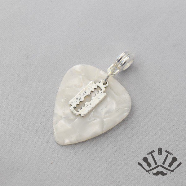 White Blade Guitar Pick Safety Razor Pendant ritualshave.com/product/white-…