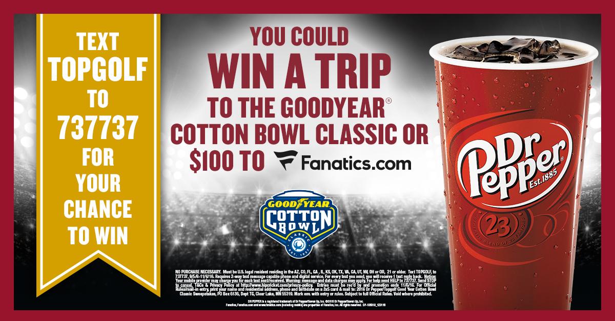 Text TOPGOLF to 737737 for a chance to win a trip for 2 to the #CottonBowl, thanks to <a href="/drpepper/">Dr Pepper</a> &amp; <a href="/Topgolf/">Topgolf</a>!