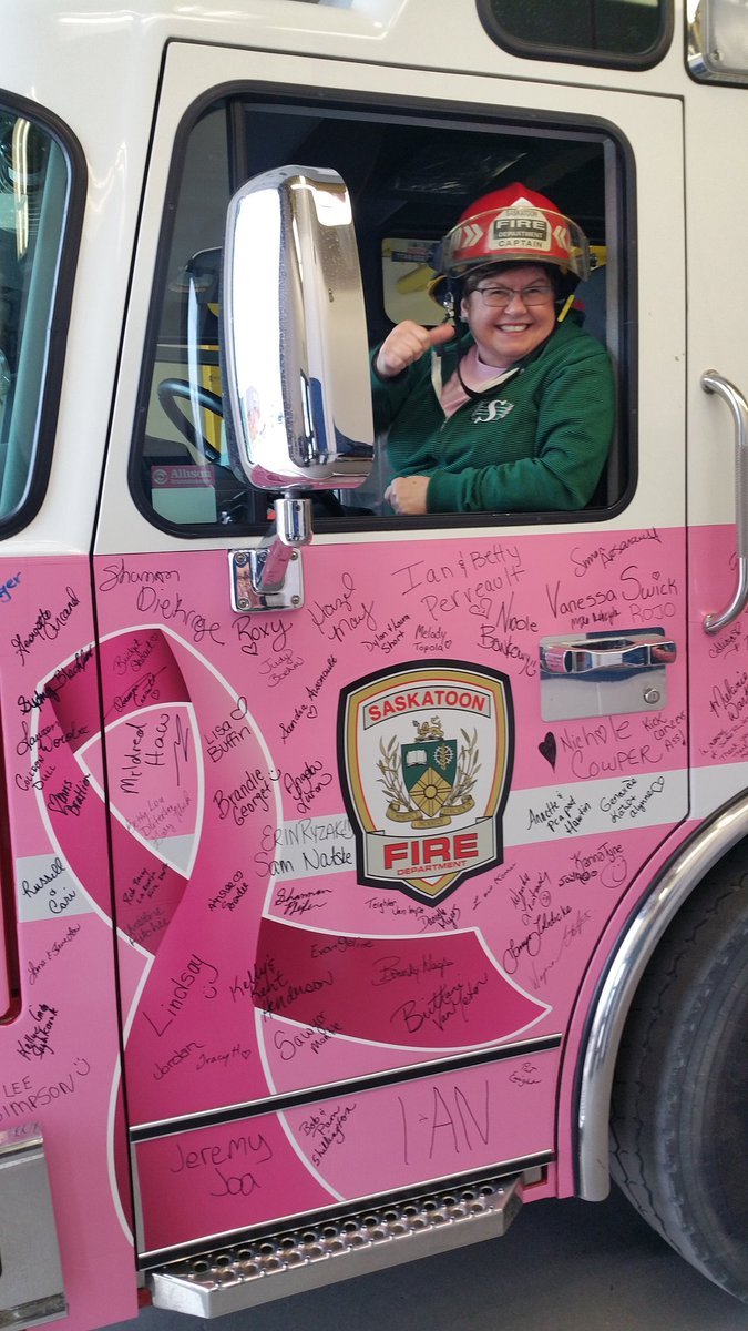 Bev is commemorating 10 years cancer free. The family signed the Pink firetruck <a href="/SaskatoonFire/">Saskatoon Fire Department</a>