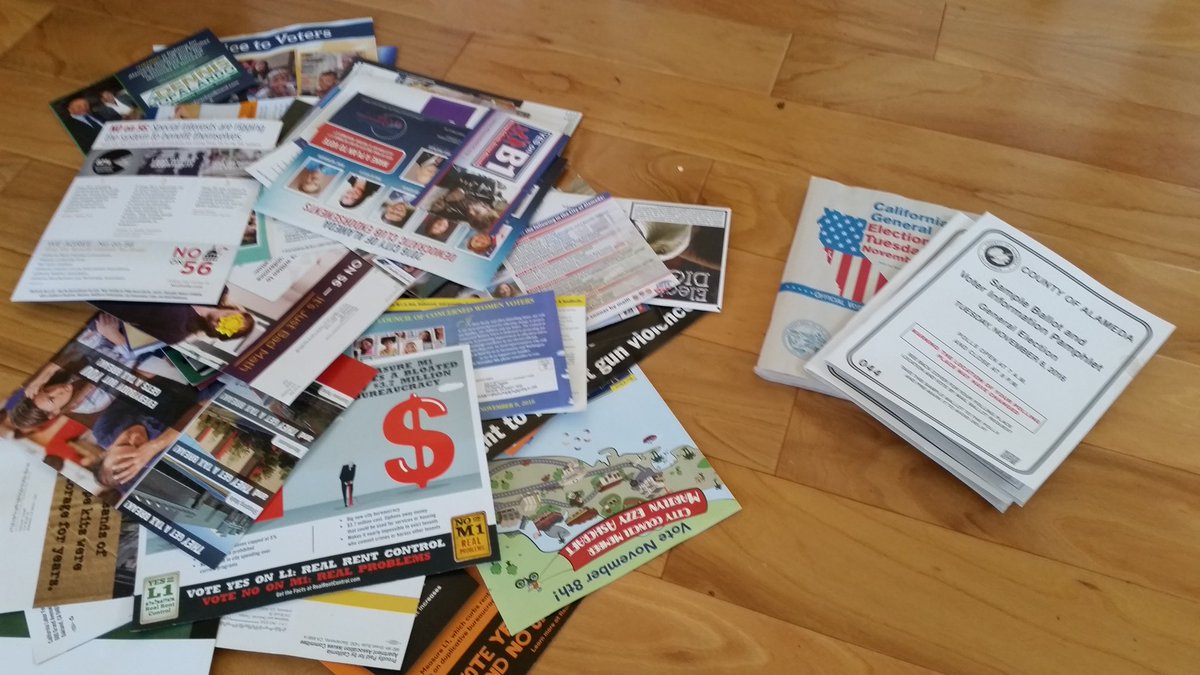 On the left are highly glossed dead trees which went unread in my preparing to vote. On the right, the goods. Stop the garbage mailers!