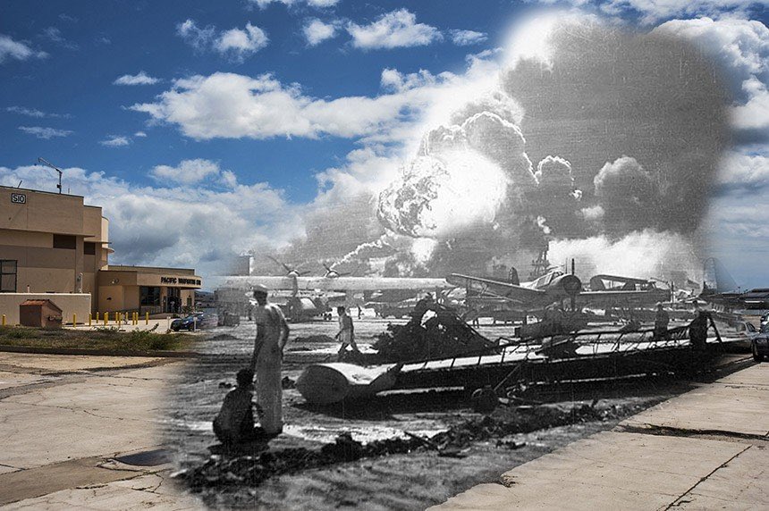 BattleDamaged's tweet photo. Sailors on Ford Island look on as the Mahan-class destroyer USS Shaw (DD 373) explodes in the background after the attack on Pearl Harbor. https://t.co/aUW5uJByIO