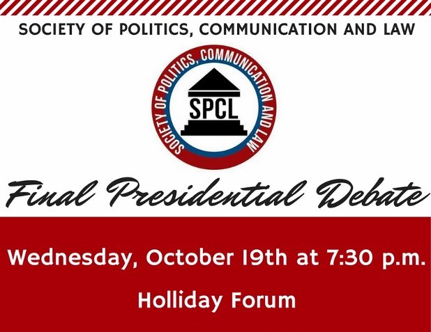 ManshipSchool's tweet photo. SPCL hosting a final presidential debate watch party, Wed., Oct. 19 at 7:30 p.m. in the Holliday Forum #SPCLDebate https://t.co/yhje4DWRUQ