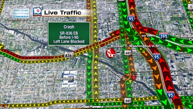 CRASH: SR-836 EB before your approach to I-95. A left lane is blocked. #TRAFFIC #MIAMI https://t.co/dTgj19qHyH