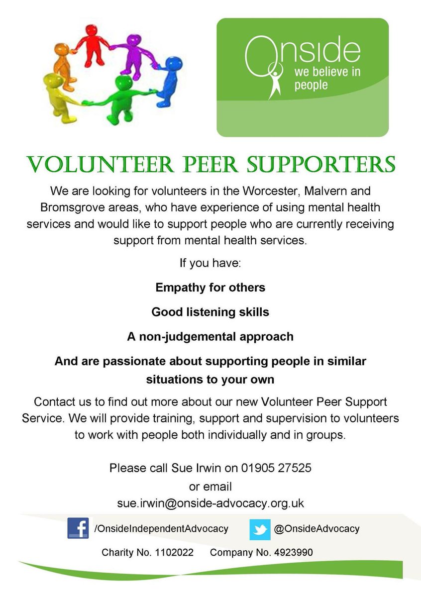 Looking for fulfilling #volunteer opportunity? @OnsideAdvocacy seek #peersupporters for exciting #MentalHealth service #WorcestershireHour