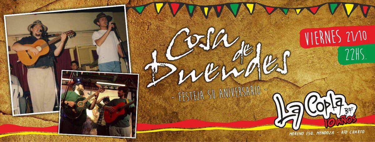 cordobagenda's tweet photo. 21/10 Aniversario de #CosaDeDuendes en #LaCoplaBar -Moreno y Mendoza - 22 hs - #AgendaRio4 https://t.co/2aE952KoYr