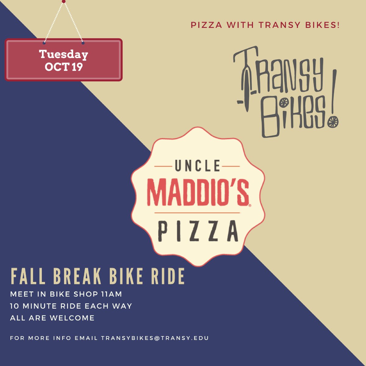 Transy_Bikes's tweet photo. We've got one more Fall Break ride before we all get back to the grind! Join us for some pizza! https://t.co/AsgH5RmLcQ