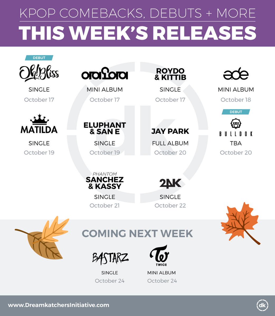 dkInitiative's tweet image. This wks releases #OHBliss #ioi #roydo #kittib #ade #matilda #eluphant #sanE #jaypark #bulldok #sanchez #phantom #kassy #24K #bastarz #twice