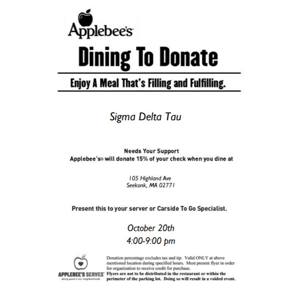 SdtJWU's tweet photo. This Thursday we will be hosting a fundraiser from 4-9pm at Applebees, 15% of the proceeds will be going towards our Centennial Celebration https://t.co/RE9dNzaeBj