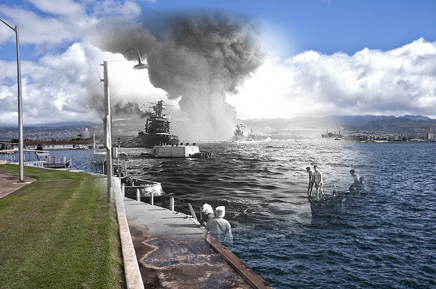 BattleDamaged's tweet photo. The USS California burns in the foreground as the USS Arizona burns in the background after the initial attack on Pearl Harbor https://t.co/nkOcXYwUZJ
