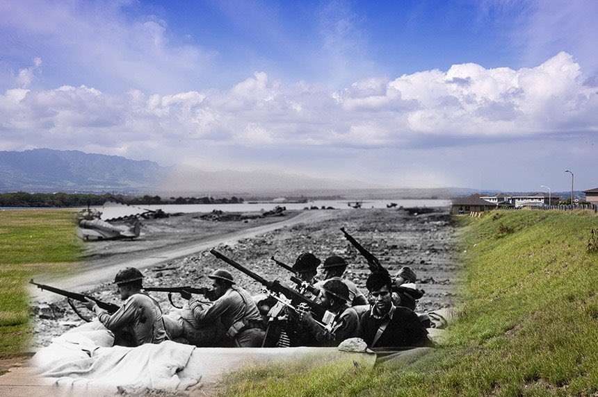 BattleDamaged's tweet photo. Some amazing Now &amp; Then photos.

Defenders on Ford Island watch for planes during the surprise attack on Pearl Harbor.

#BattleDamaged https://t.co/yJ6UwA2Jy7
