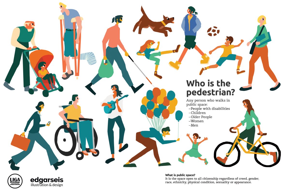 BrentToderian's tweet image. "Who is the pedestrian?" All of us. Via @LigaPeatonal. Part of the new Mexican Illustrated Charter of Pedestrian Rights. #weallwalk