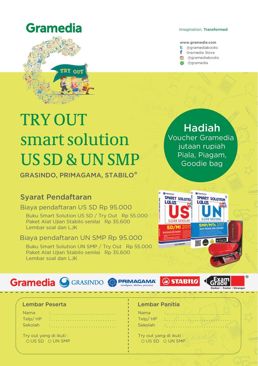GramediaCCM's tweet photo. Ayo Grameds daftarkn diri kalian untk mengikuti TRY OUT SMART SOLUTION US SD&UN SMP tanggal 30-10-2016 #tryout2016 @grasindo_id @C_CityMall https://t.co/Scn8zOYmbM