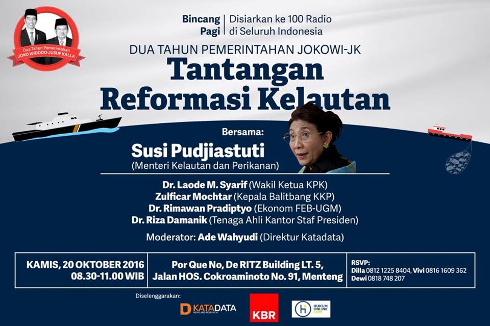 KATADATAcoid's tweet image. Hadirilah diskusi "Tantangan Reformasi Kelautan" bersama @susipudjiastuti pada Kamis 20 Okt. Acara ini GRATIS! Informasi lengkap cek poster