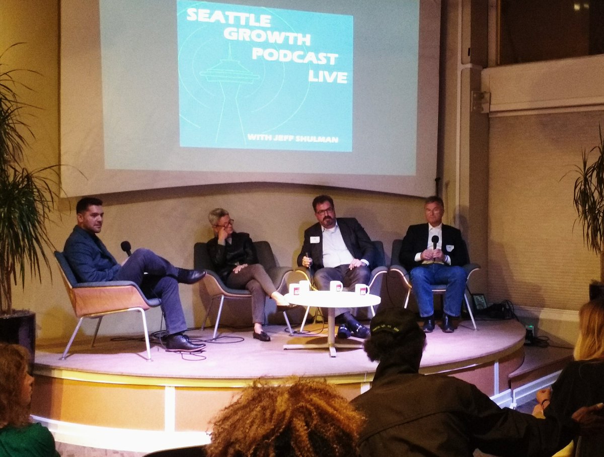 UWBuerk's tweet photo. Panelists react to Seattle challenges including homelessness w/ respect and foresight at #SeattleGrowth podcast live https://t.co/lNJ3RnPyHZ