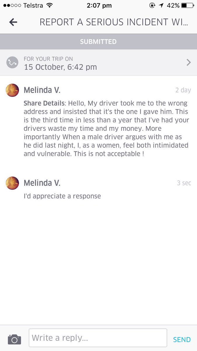 MelindaVee's tweet photo. @Uber_Australia Why am I still waiting on a response? https://t.co/9ZPcPsMKWI