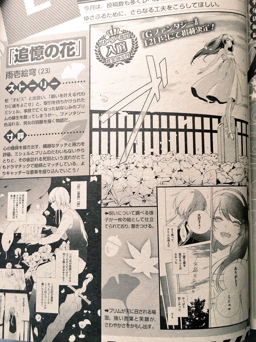 雨壱絵穹 エオルゼア学園12月連載開始予定 Sur Twitter ご報告 本日発売の月刊gファンタジー11月号にて発表されました 第33回 Gファンタジー月例マンガ賞で 追憶の花 が入選をいただきました 12月号にて掲載決定しました また来月号発売付近になったら