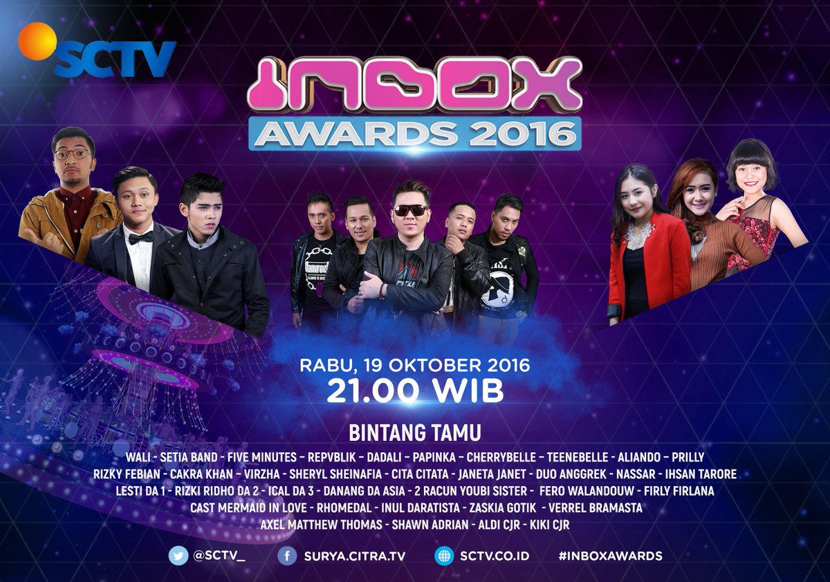 SCTV's tweet photo. Nantikan #InboxAwards bersama @rizky_febian @alysyarief @FiveMinutes_FM @PrillyBie @Lesti_Jenong_DA besok malam pkl 21.00 WIB https://t.co/zt1LTIZ5z7