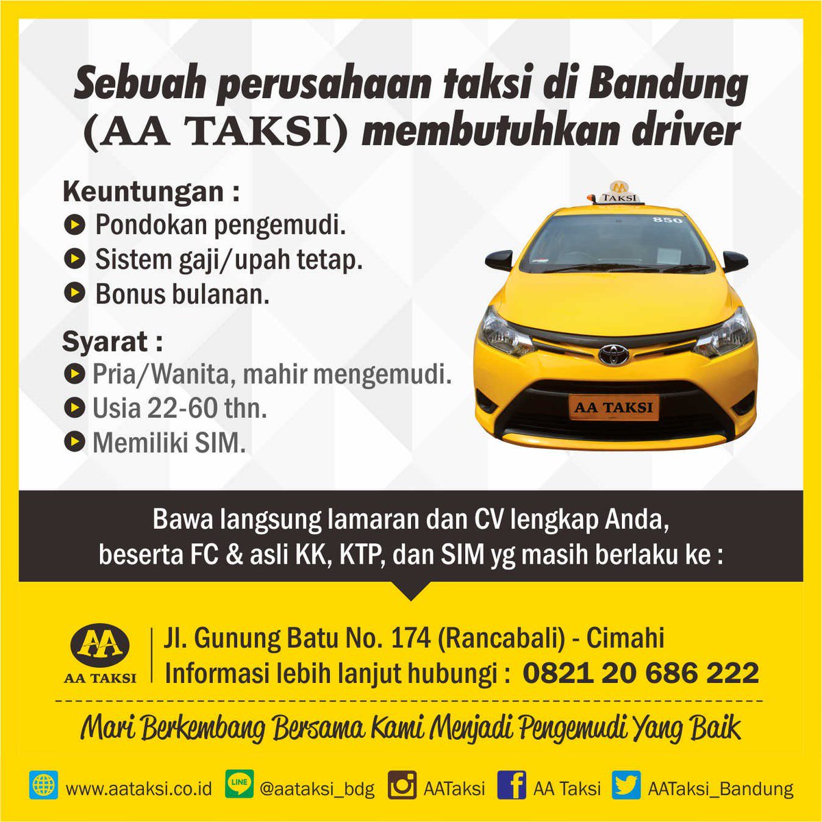 Masih Nganggur? Buruan! Nih Lowongan Kerja Menggiurkan Masih Dibuka.
#lokerbandung #AATaksi