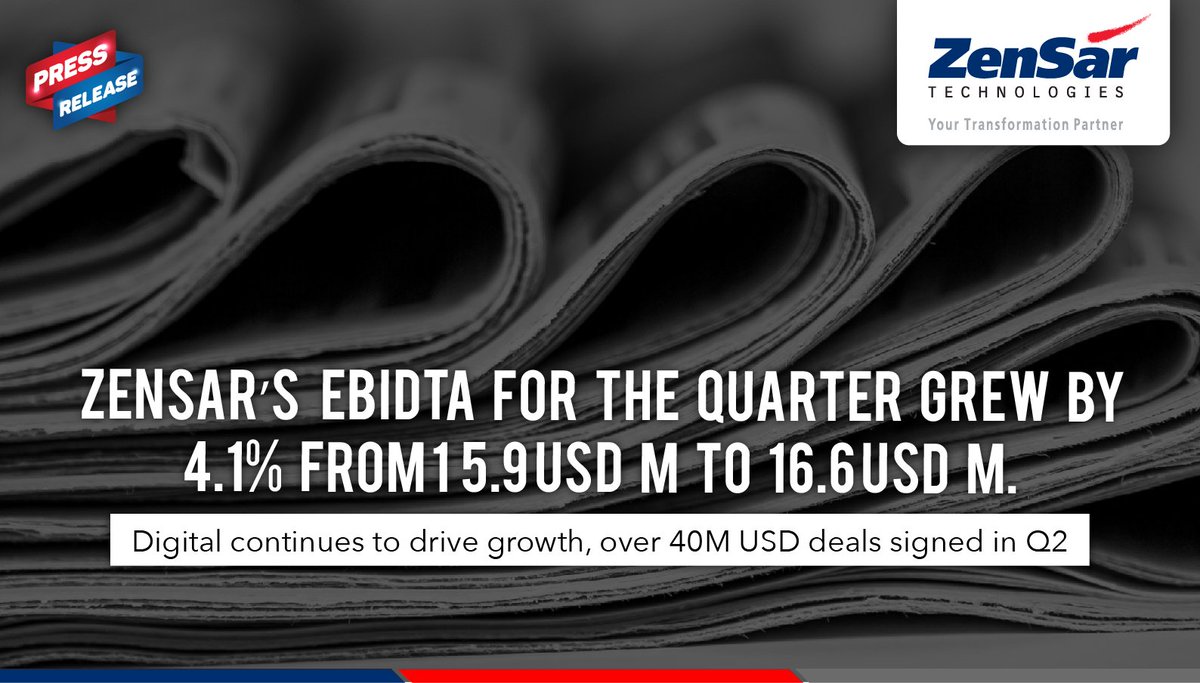 Zensar's tweet photo. #PressRelease Zensar’s  EBIDTA quarter grew by 4.1% from 15.9 USD M to 16.6 USD M. Digital continues to drive growth https://t.co/sMCRpL1FRn https://t.co/S8MrWkTB7J