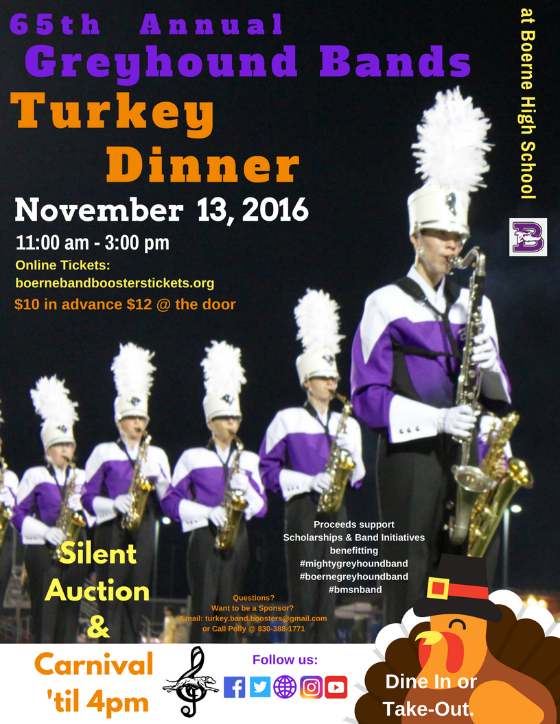 Join our 65th Annual Turkey Dinner!  Tickets: boernebandboosterstickets.org   Event signup: bit.ly/2dKlbTh