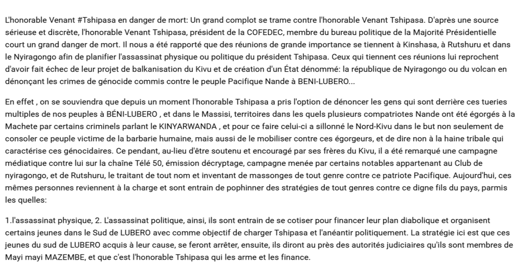 RDCMonitor's tweet photo. L'honorable Venant #Tshipasa en danger de mort: Un grand complot se trame contre l'honorable Venant Tshipasa... https://t.co/FKWuudNYWk