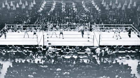 BoxingArchive's tweet image. Three rings of action kept the heads of fans moving during the Golden Gloves tournament of 1954 at Chicago Stadium.

#Boxing