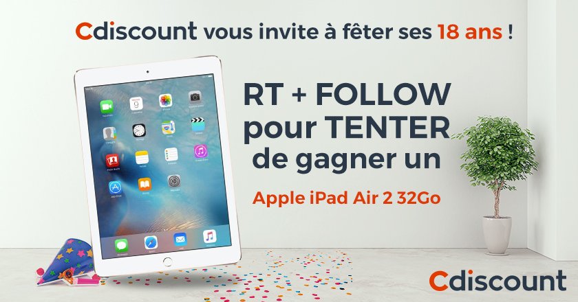 Cdiscount's tweet photo. 🎉 #18ansCdiscount
RT + Follow pour tenter de gagner un iPad Air 2
PS : 18% remboursés en informatique aujourd'hui ⇒ https://t.co/V33shTfFtn https://t.co/nSy9agtIbw