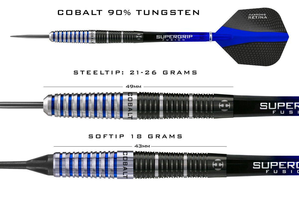Harrows Cobalt 90% Tungsten 18 gram 2ba Soft Tip Darts 