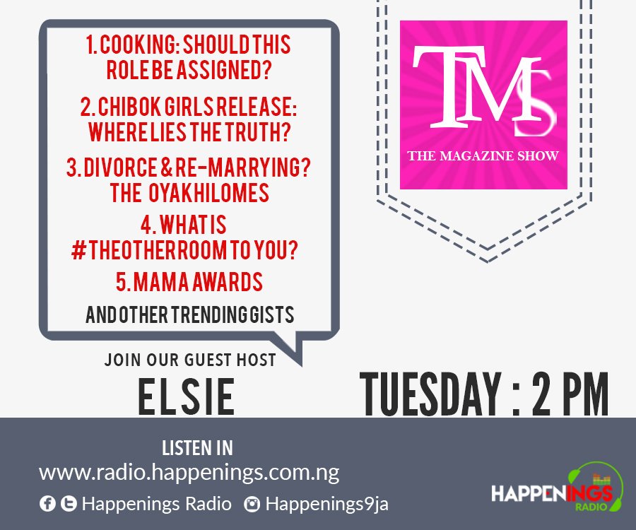 HappeningsRadio's tweet photo. Don't miss #TheMagazineShow today on #HappeningsRadio with @Elsieisy
Show starts at 2pm. Lots of fun topics and trending gist to discuss! https://t.co/DR1zsFIz4L