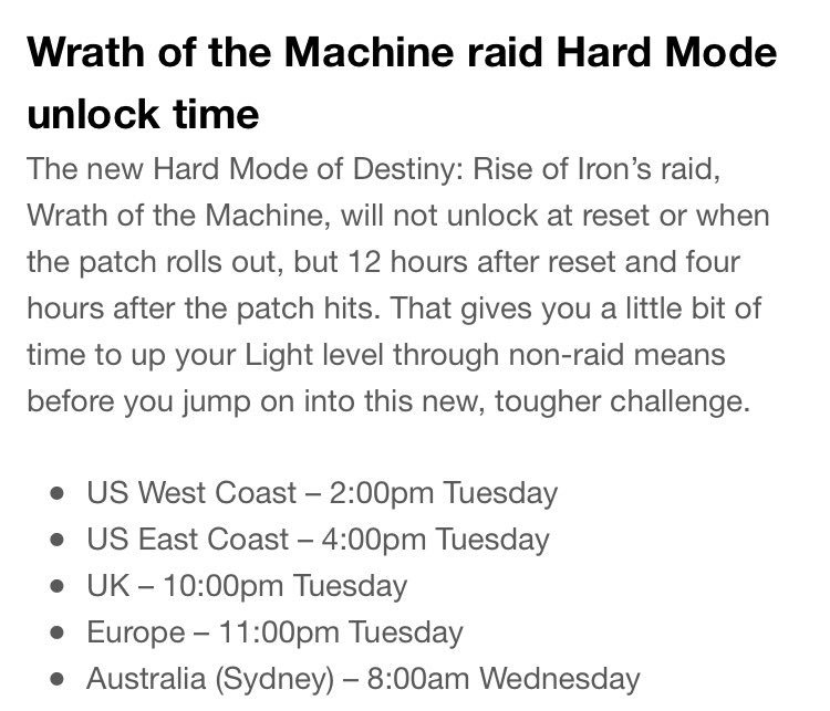 speakersstash's tweet photo. Here is your #destiny #patch update relevant to your time zone #raid #wotm #hardraid #loot https://t.co/bjGm1gEDgP