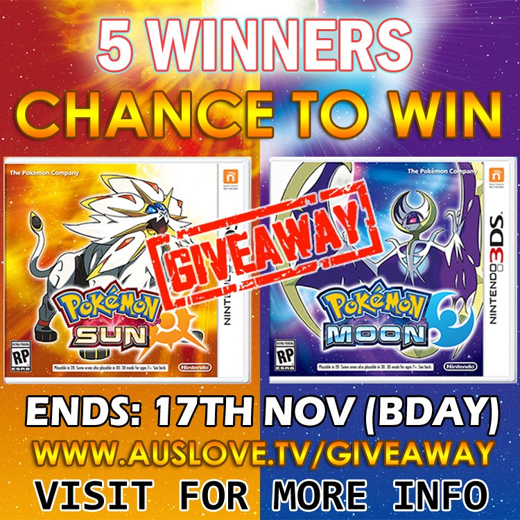 AuSLoveTwitch's tweet photo. 5 Pokemon Sun and Moon Games Copy Giveaway
Links To Enter: https://t.co/f7FaNe63RN or https://t.co/bThhyMwsPr
Host: https://t.co/mWpeL1RsQ7 https://t.co/nmOzxWCpT2