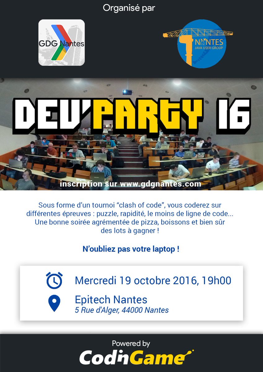 gdgnantes's tweet image. Dev Party 2016 🗣 C'est demain ! Venez nombreux pour coder des #ClashOfCode ⚡️ Tentez de remporter un des nombreux lots ! co-orga @nantesjug