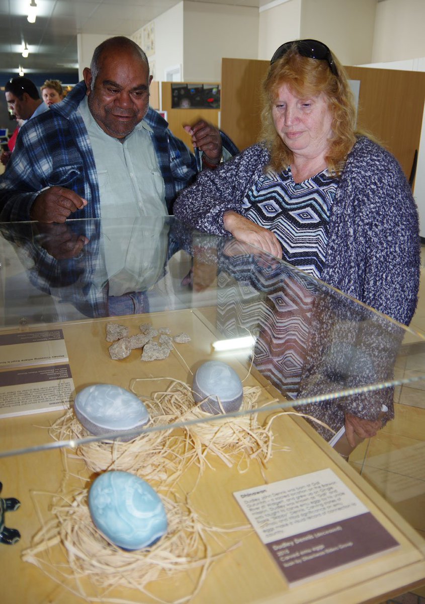 DharriwaaEGroup's tweet photo. DEG's Clem Dodd &amp; Rhonda Dennis viewing part of @ACHAA2014 From Our Place exhibition @yarkuwa Deniliquin featuring Gali Dennis emu eggs https://t.co/mJ23VUooKa