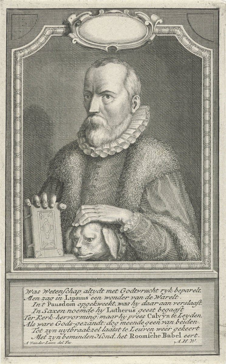Teszelszky's tweet photo. Justus #Lipsius, born #OTD 1547 depicted with the most important things in his life: #dogs and #books. https://t.co/el1OxecrA3