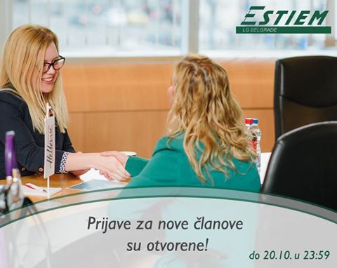 Prijave za članstvo u studentskoj organizaciji <a href="/ESTIEM_Belgrade/">ESTIEM LG Belgrade</a> su zvanično otvorene na sajtu organizacije:
estiem.org.rs