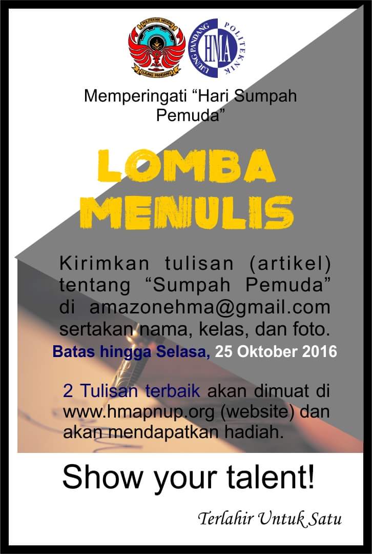 Lomba menulis "Memperingati Hari Sumpah Pemuda". Silahkan krm tulisan anda ke amazonehma@gmail.com
Bts hingga 25-10-16.

Terlahir Untuk Satu