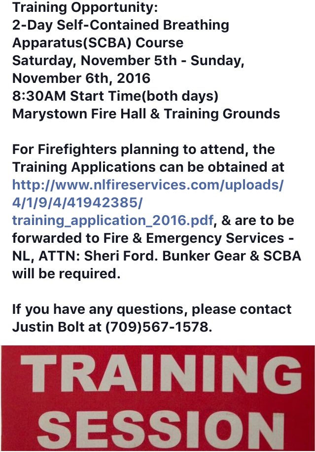 Training Opportunity: 2-Day SCBA Course Saturday, November 5th - Sunday, November 6th in <a href="/TownofMarystown/">Town of Marystown</a>: <a href="/NLFireServices/">NL Fire Services</a> <a href="/FES_GovNL/">FES-NL</a>
