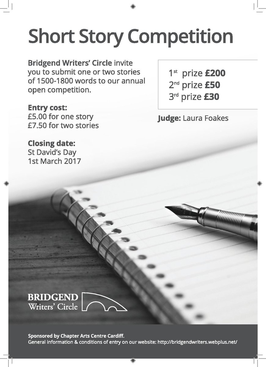 CowbridgeBook's tweet photo. Short Story Competition - 1st prize £200. Bridgend Writers Circle invite you to submit by 1st March 2017. Sponsored by @chaptertweets https://t.co/BDoKnzhe00