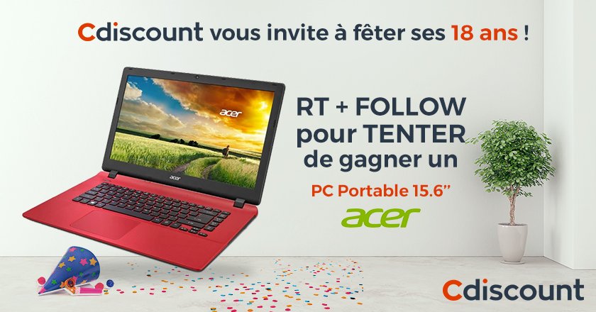 Cdiscount's tweet photo. 🎉 #18ansCdiscount
RT + Follow pour tenter de gagner un PC Portable Acer !
PS : 18% remboursés en informatique ➡️ https://t.co/V33shTfFtn https://t.co/YzrlV4yRXh